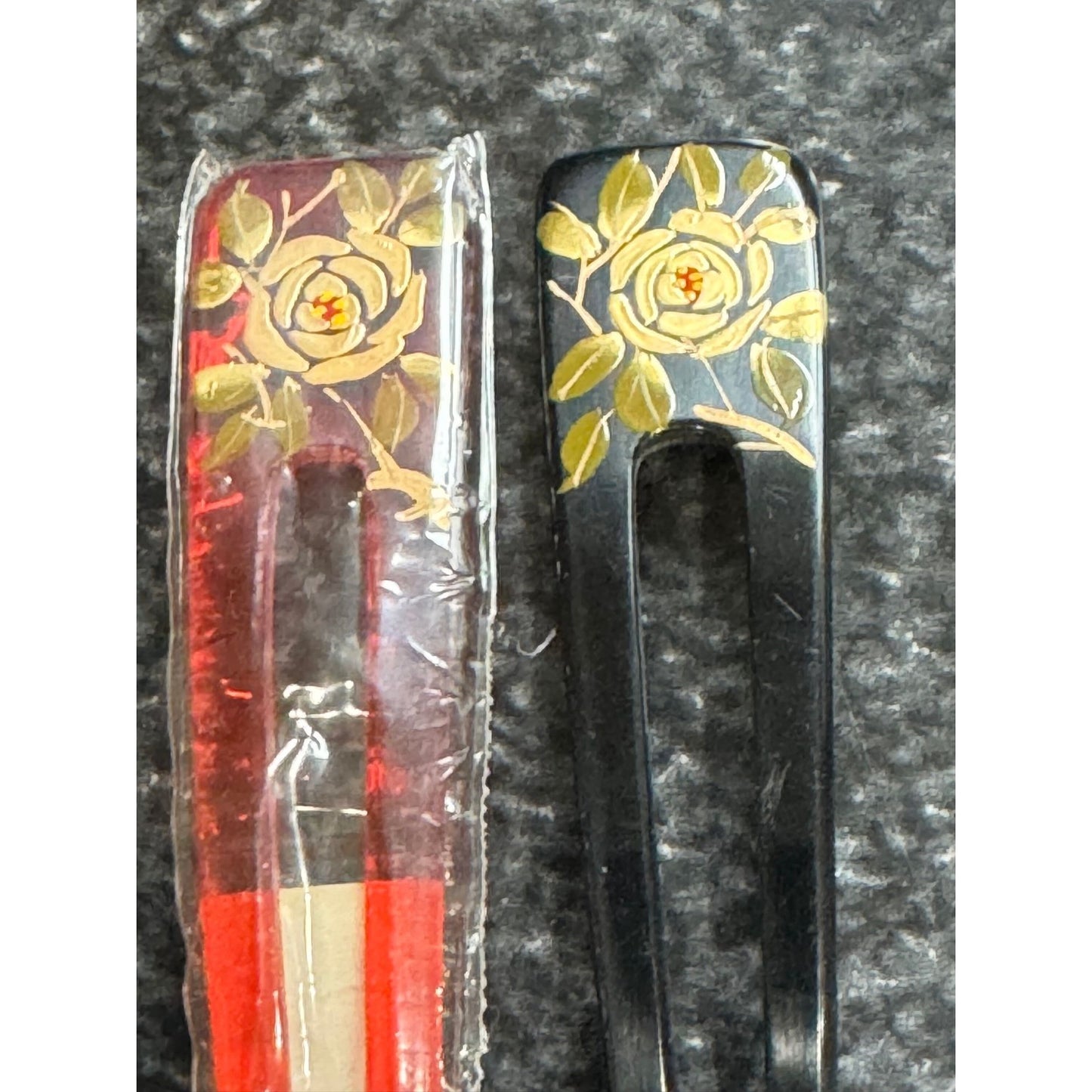 Vtg Two Japanese Kanzashi Hair Stick Floral Hand Made Hand Painted Gold Powder Traditional Japanese Hair Ornaments Japanese Hair Pin