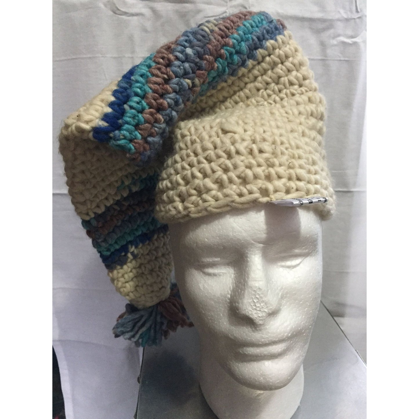 Stocking Cap El JORONGO Handmade In Mexico 100% Natural Wool Hat 23" Shades Of Blue Beige