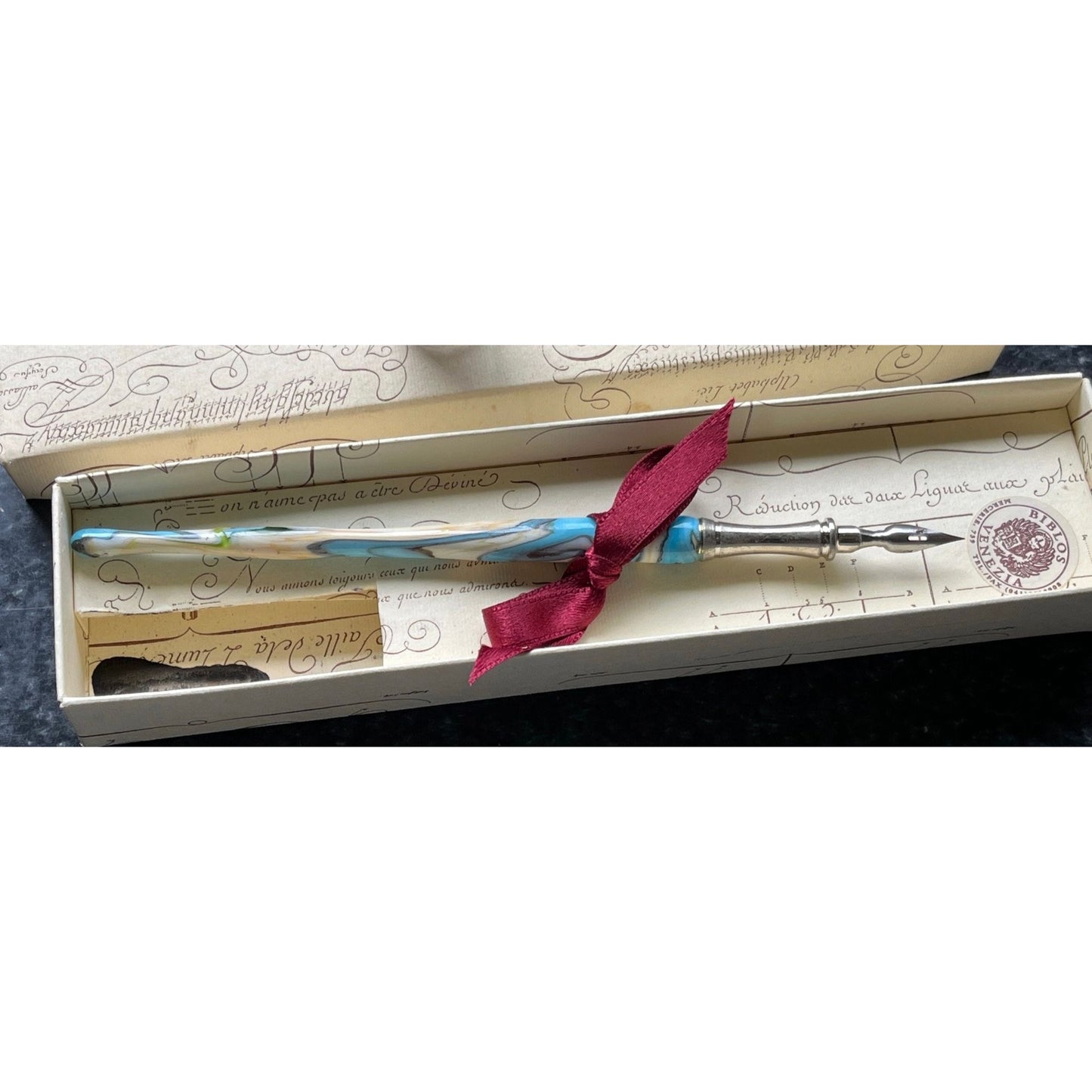 Vtg Murano Swirl Glass Pen BIBLOS VENEZIA Metal Nib In Decorative Box Classic Writing Instrument Ink Bottle NIB