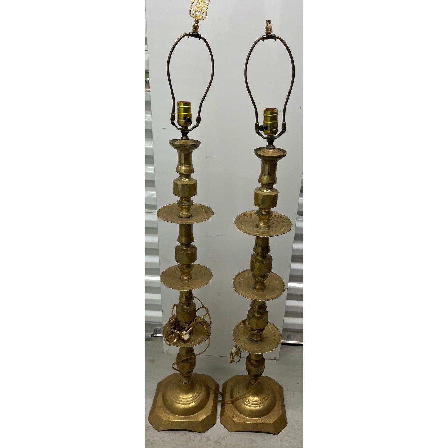 Vintage 1965 Moroccan Tall Solid Brass Candle Holders Converted Into Floor Lamps 47" Tall Handmade