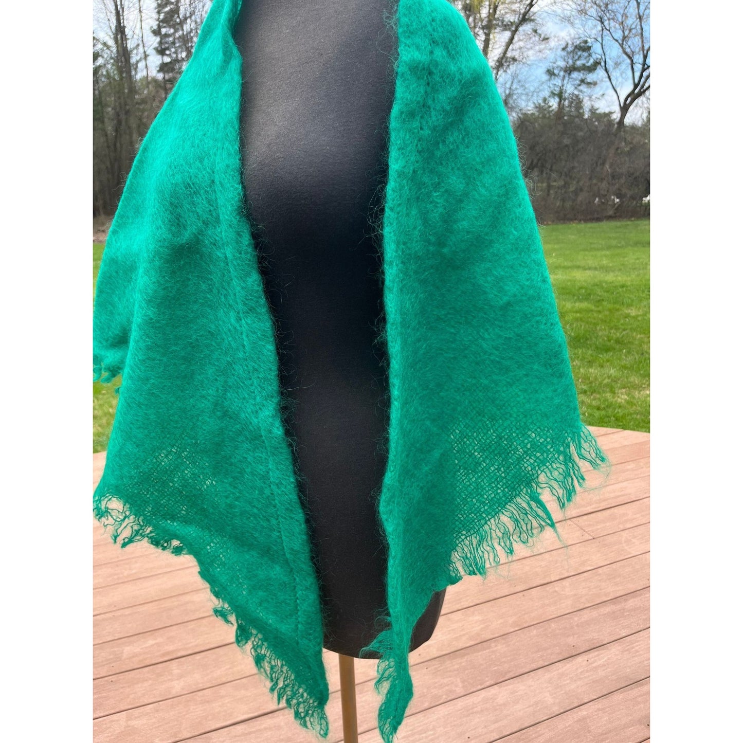 Vintage Wrap Shawl 1960’s THE SCOTCH HOUSE Deep Green Triangle Mohair Wool Scotland