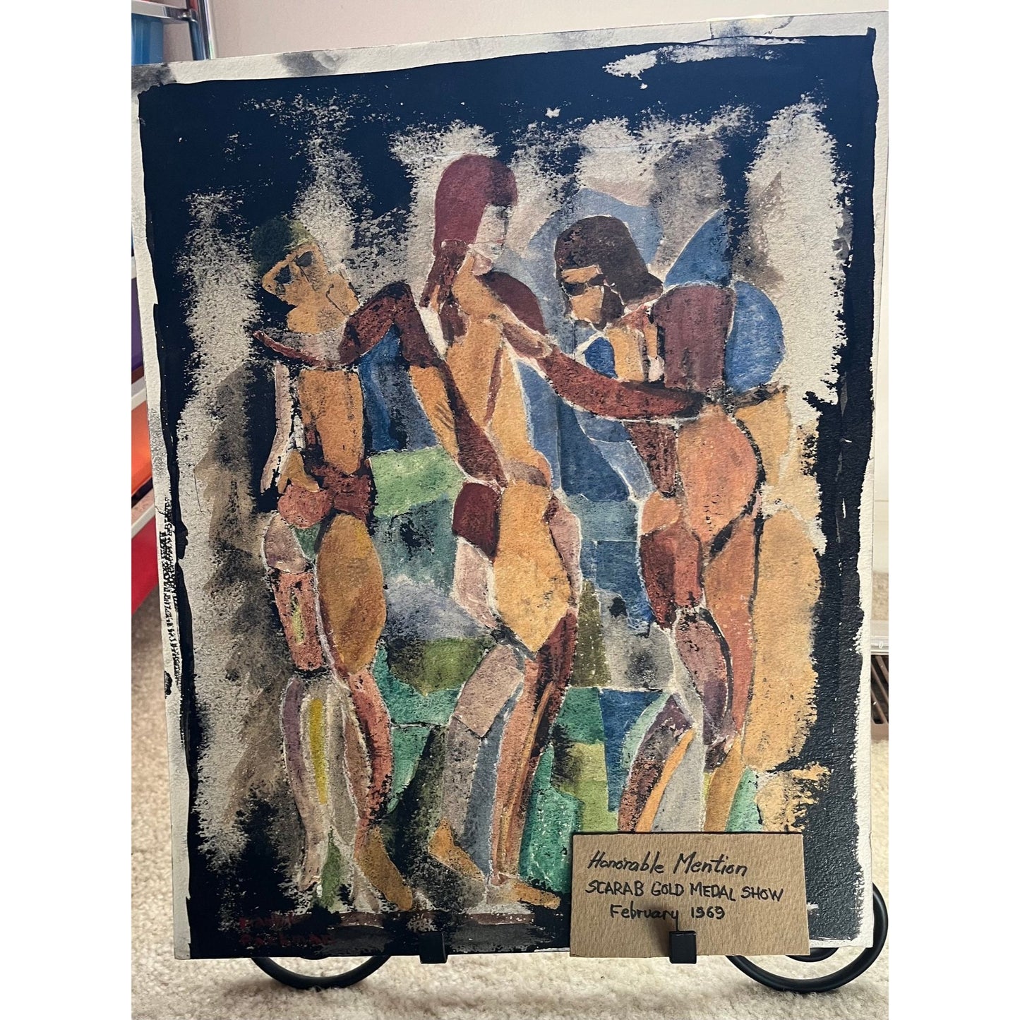 Vintage Fine Art Acrylic Painting by Frank G. Packman (Born 1896) Cubist Abstract People Honorable Mention Scarab Club Detroit MI