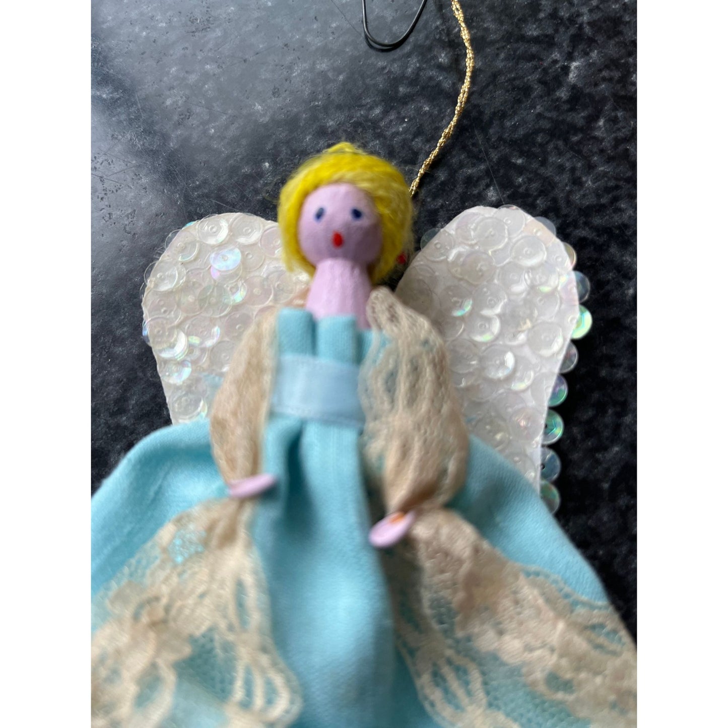 Vtg 1970's Detroit Artist Mary Ewald Christmas Ornament Angel Clothespin Doll Handmade 5" Sequined Wings