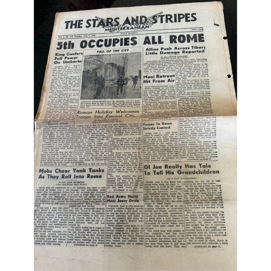 Vtg WWII The Stars and Stripes Mediterranean TuesdayJune 6, 1945 Vol. 1 No. 174 Printed In Italy "5th Occupoes All Rome" Pages 8