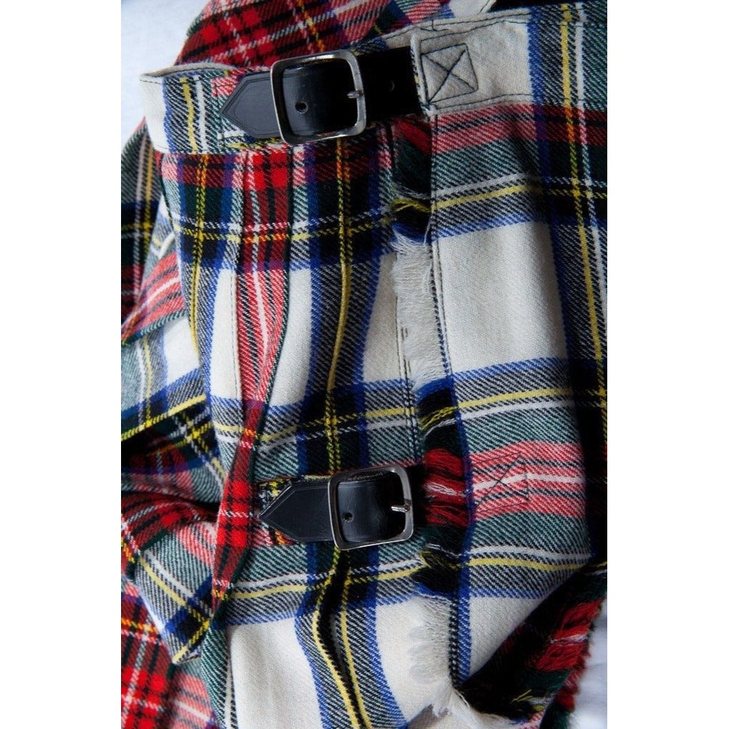 Vintage 1970's The Scotch House Plaid Wool Kilt Skirt White Red Blue Plaid Skirt Black Leather Straps Made In Scotland Small