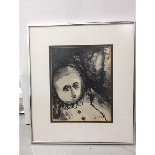 Abraham Ramirez Painting "Clown", India Ink On Paper Signed 1967 Acapulco Mex