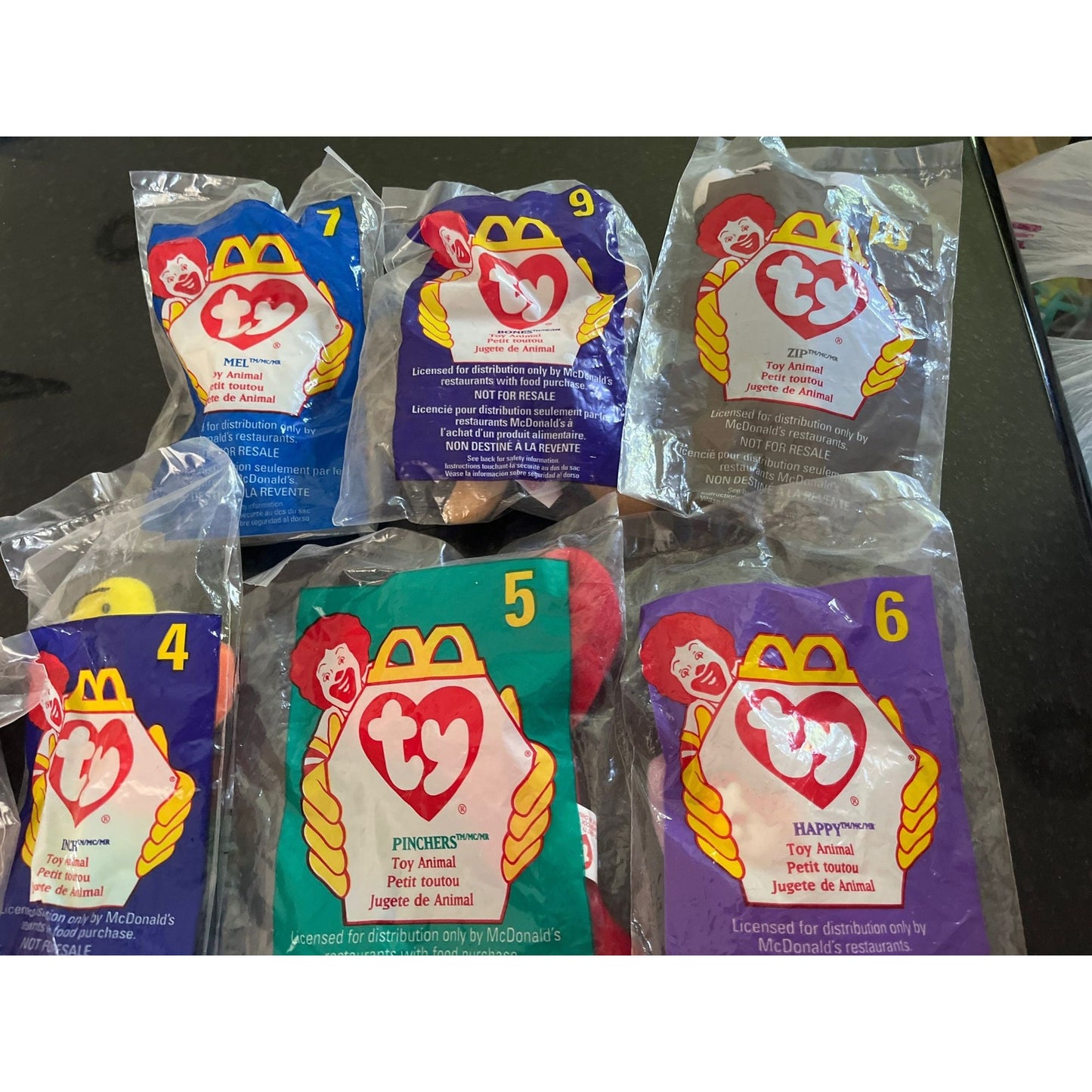 Vintage Lot of 7 Ty Teenie Beanie Baby 1998 McDonald's NIB Numbers 2, 4. 5. 6, 7. 9 and 10