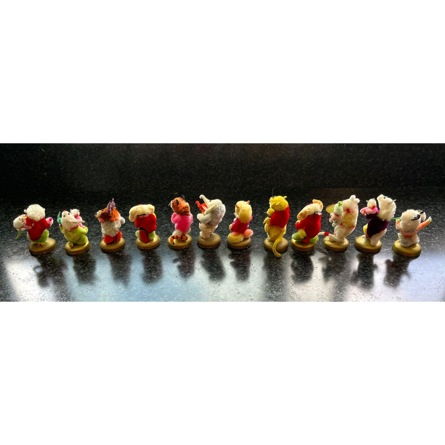 Vtg Set Of 12 Handmade Chenille Animals Mother & Child 2" Figurines Amazing Details One Of A Kind