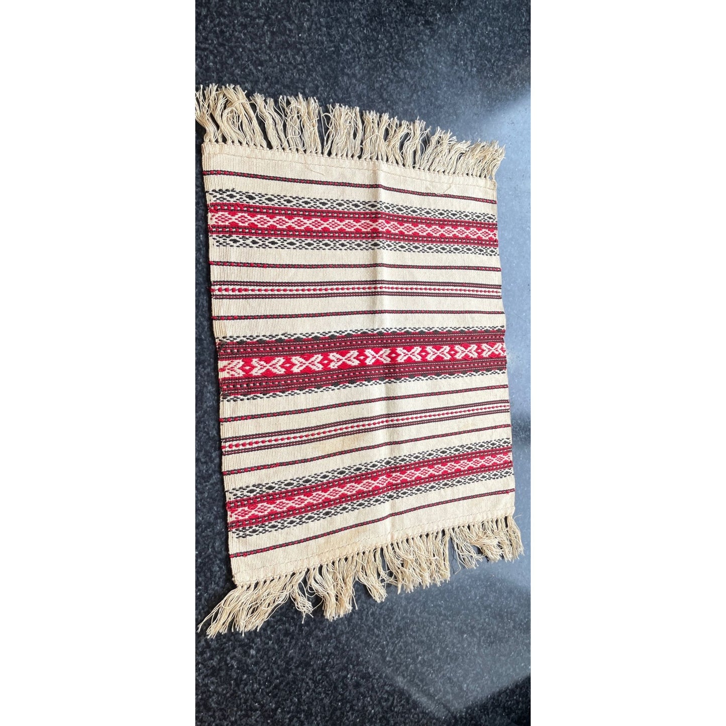 Vtg Handmade Romanian Handwoven Fabric Table Runner White Red Black Classic Romanian Textile Pattern Cotton 18 1/2" x 12"