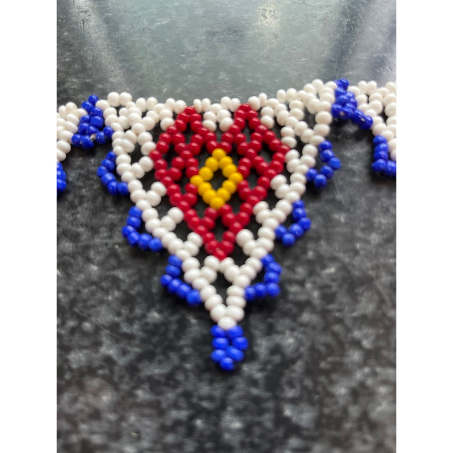 Vtg 1970's Hand Beaded Yoke Or Net Style Necklace 5 Beaded Triangles White Blue Red Yellow Pan Tribal