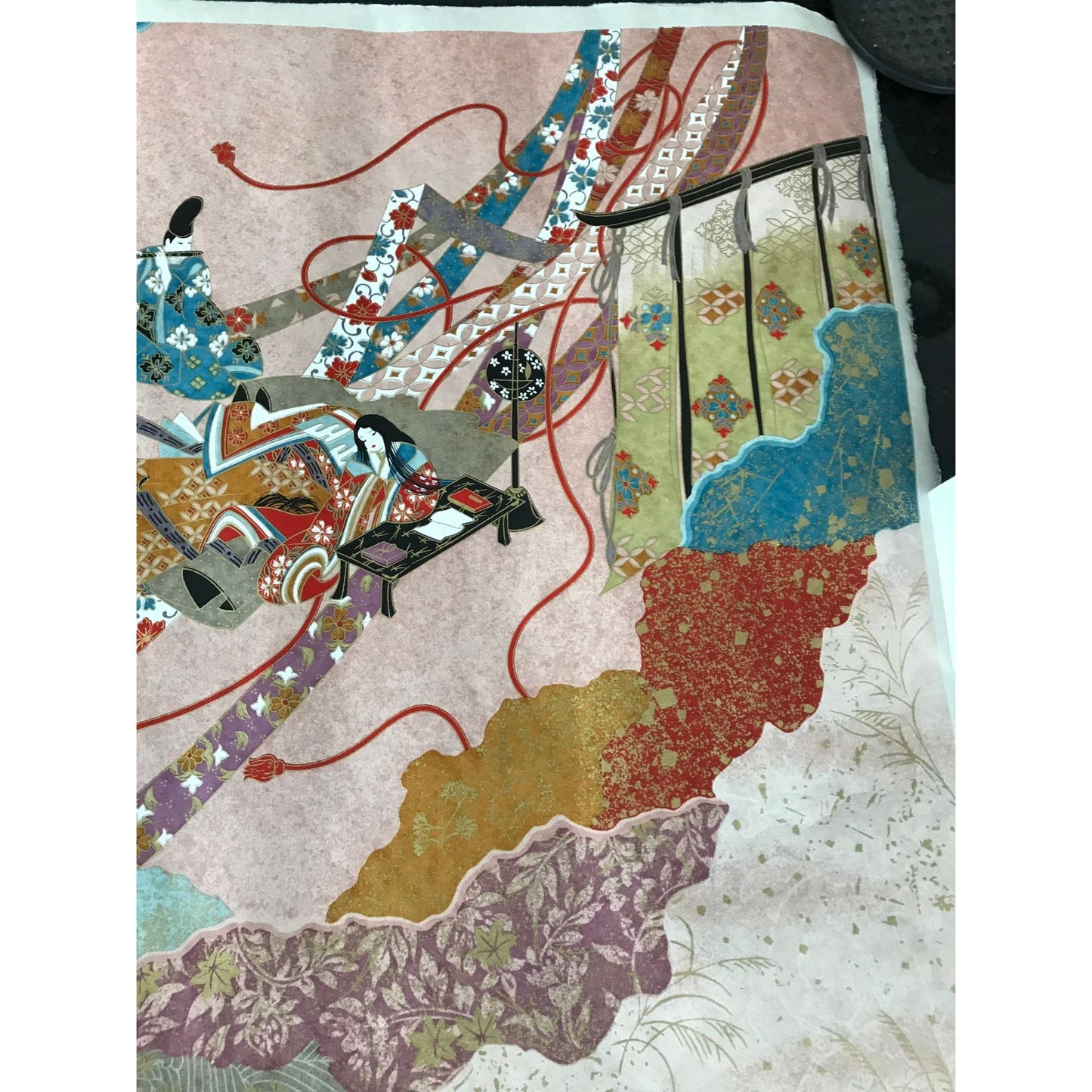 Vintage Mokuhanga Brilliant Asian Wood Block Abstract Scene Kimonos Flute Flowers 25 1/2" x 12 1/2"