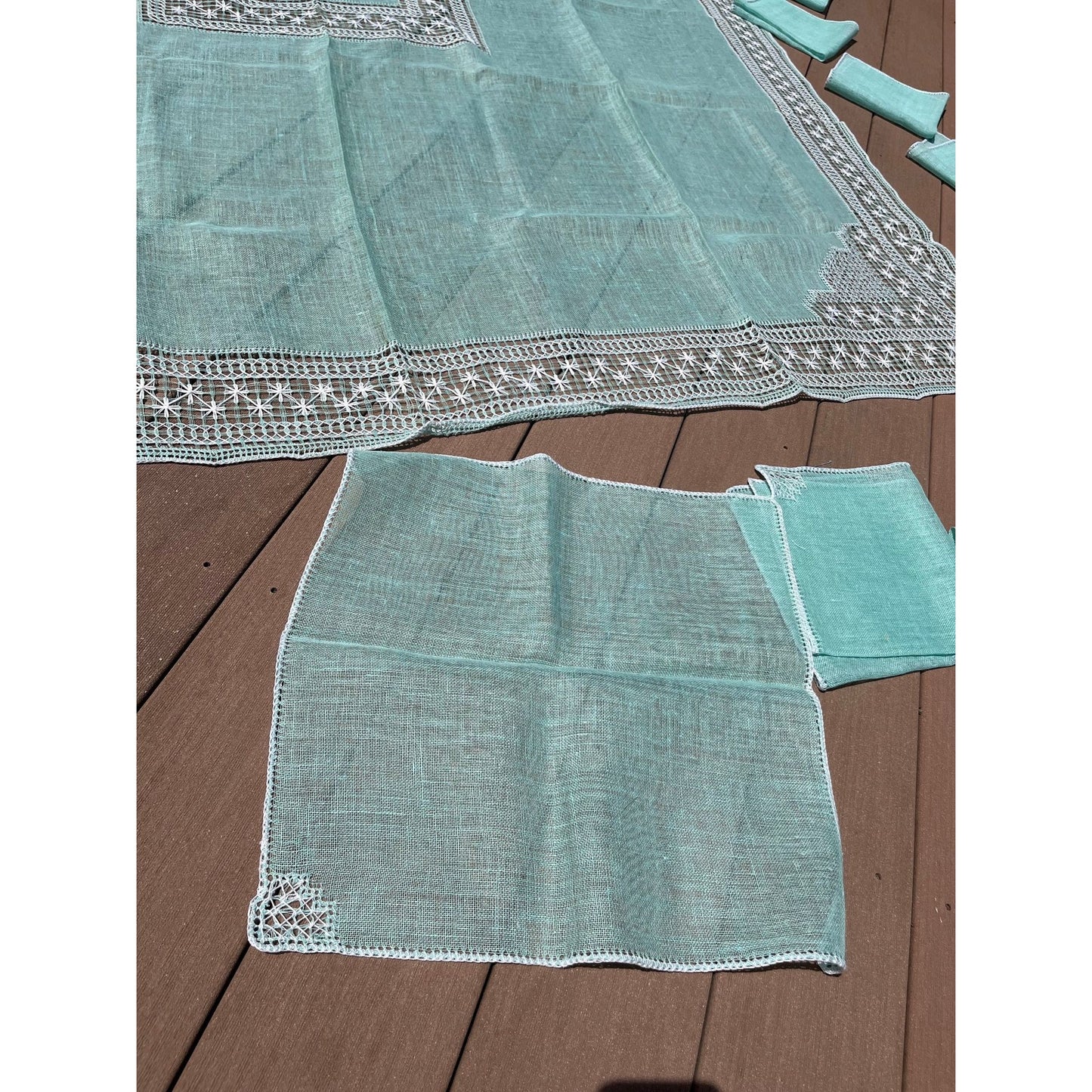 Vtg Linen Large Rectangle Assisi Italy Stitching Sea Foam Green Tablecloth 180" x 270" + 12 Napkins Handmade New