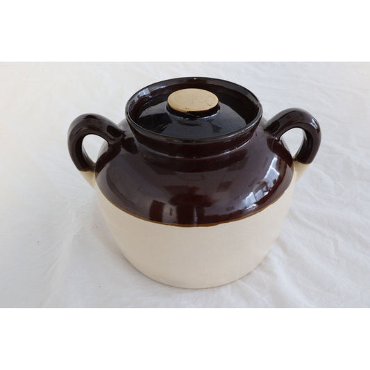 Vintage Large Ceramic Double Handle Brown Beige Crock Glazed Stoneware Jug With Ceramic Lid