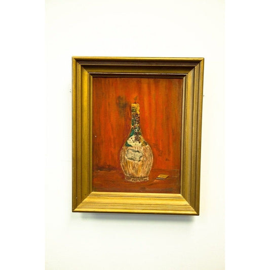 Vintage Oil Painting Melini 1705 Wine Bottle With Wax Drippings At The Cork Artist "CHARLES 48" Matchbook Still Life Gold Gilt Frame