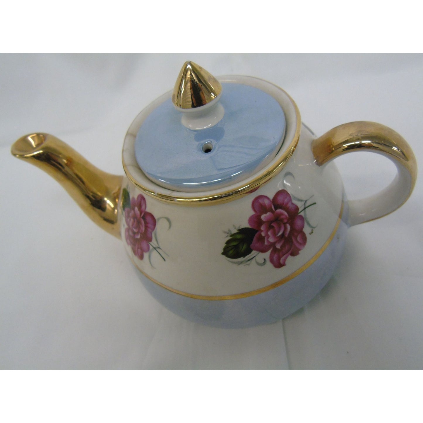 Vintage Gibsons Staffordshire England Blue and White with Gold Trim Red Roses Tea Pot