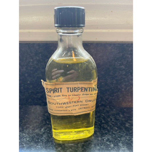 Vintage Medicine Spirit Turpentine Glass Bottle Southwestern Drug 7000 W. Fort St. Detroit Michigan NIB