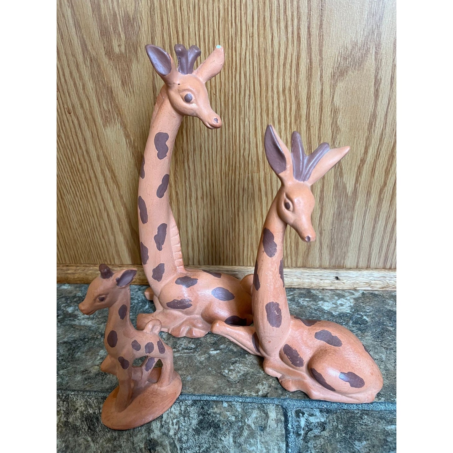 Vintage 1965 Set Of 3 Handmade Ceramic Giraffes 2 Seating 1 Standing Burnt Orange & Brown