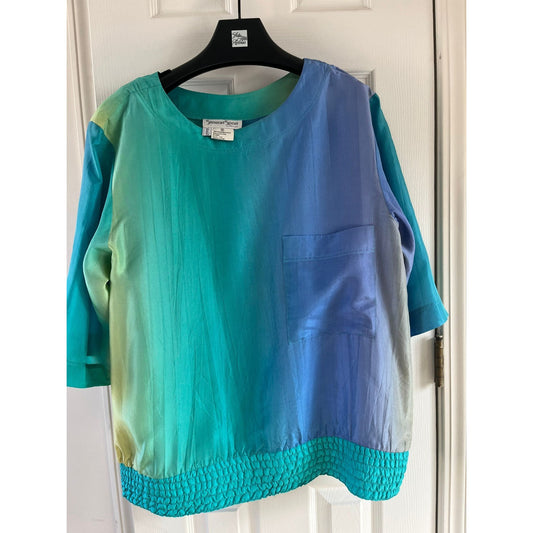 Vtg 1980's Stewart Sport By eStewart Blouse Top Saks Fifth Avenue Washable Silk Multi Color Blue Green M Wide Waist Band