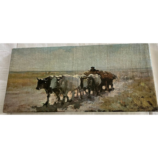 Antique Romanian Art "Car Cu Boi" Grigorescu Artist Painted On Vinyl Canvas 15 14" x 7 1/2" x 1"