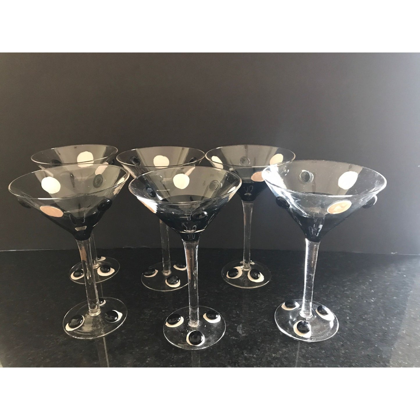 Vintage Handmade Black White Pop Art Set Of 6 Martini Glasses Holds 4 ozs. Art Glass One Of A Kind