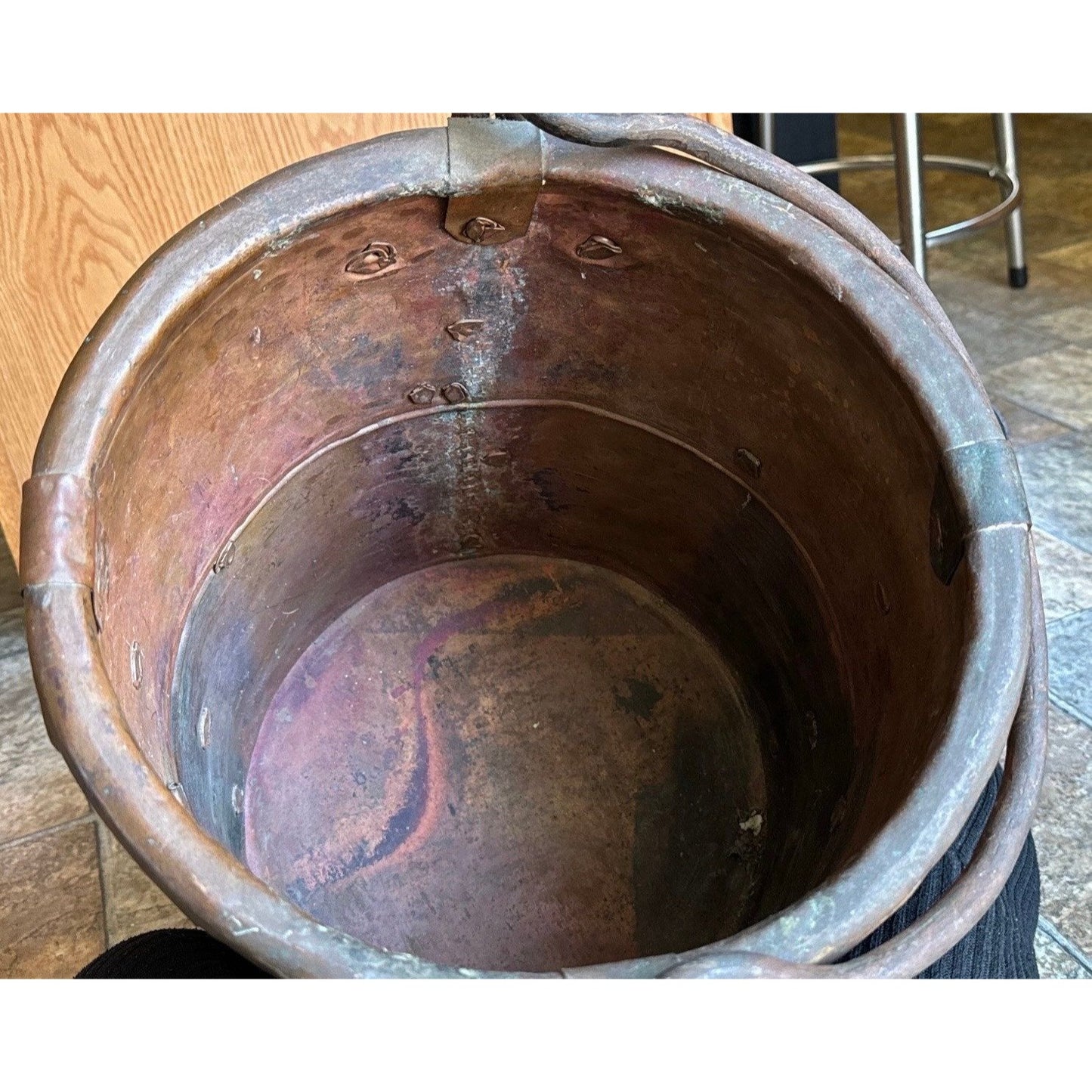 19th Century Copper Firewood Bucket Cauldron With Handle 13 1/2" Tall