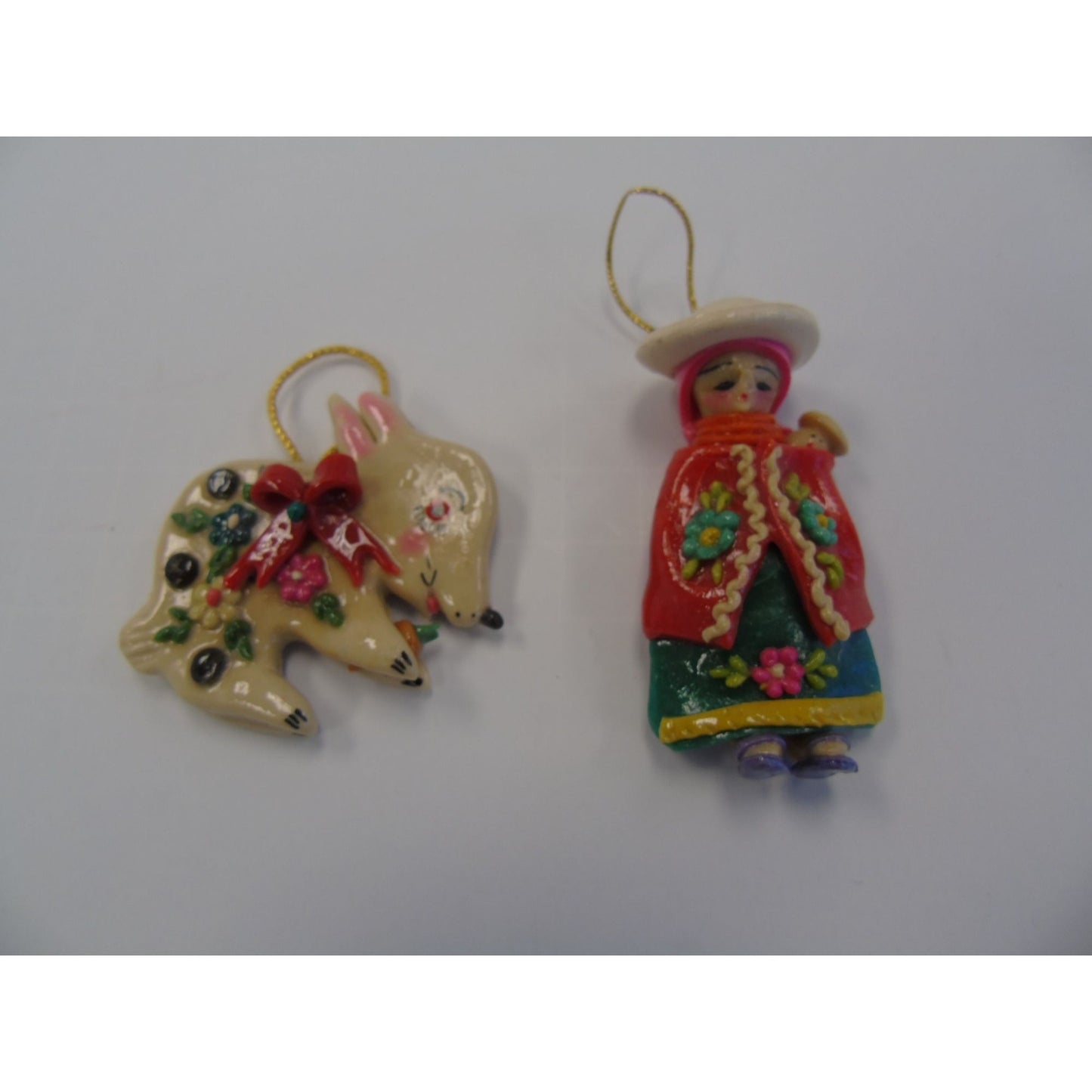 Vintage 2 Handmade Salt Dough Christmas Ornaments Sweet Pig & Peruvian Woman With Baby