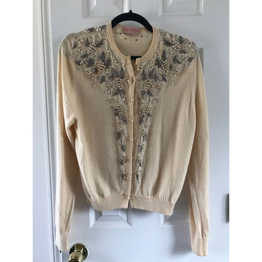 Vtg Hogg Of Hawick Beige Sweater With Heavy Floral Beading 100% Pure Cashmere Made In Scotland Three Bead Buttons