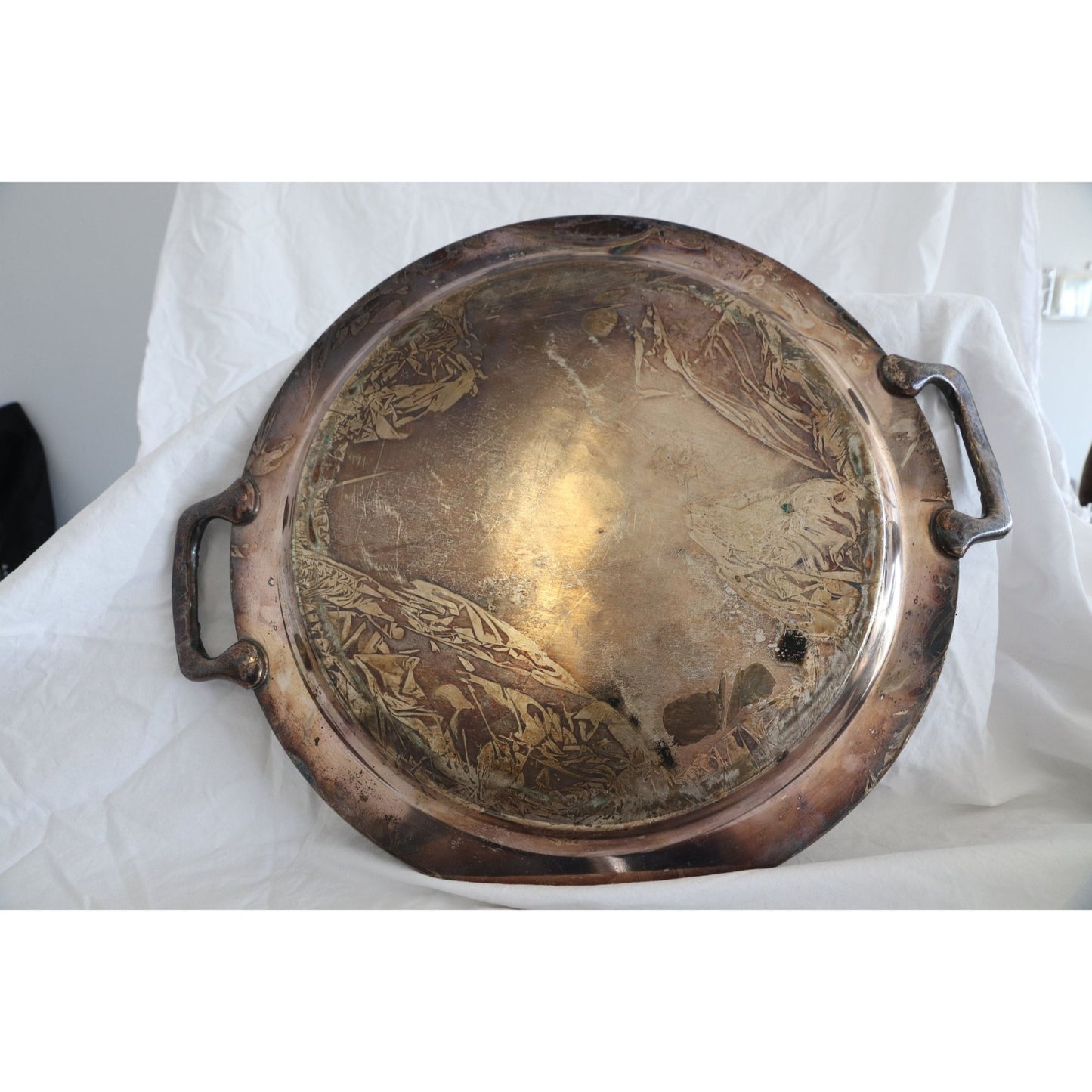 Antique Butler Tray Round Silver Plated Tray with Handles, Serving Silver Plated Tray, Ornate Engraved Platter