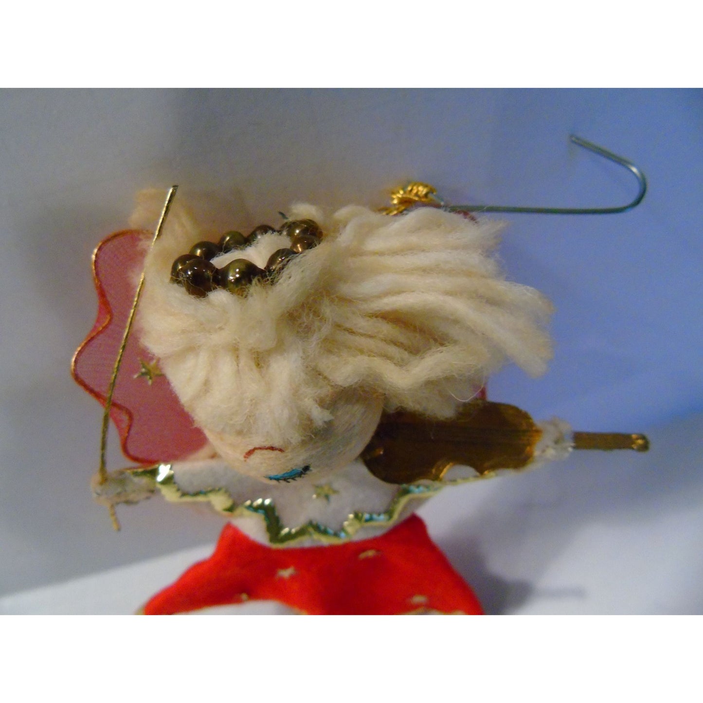 Vtg 1960's Red Gold Christmas Angel Playing The Violin With Halo Paper Label Made In Japan Ornament