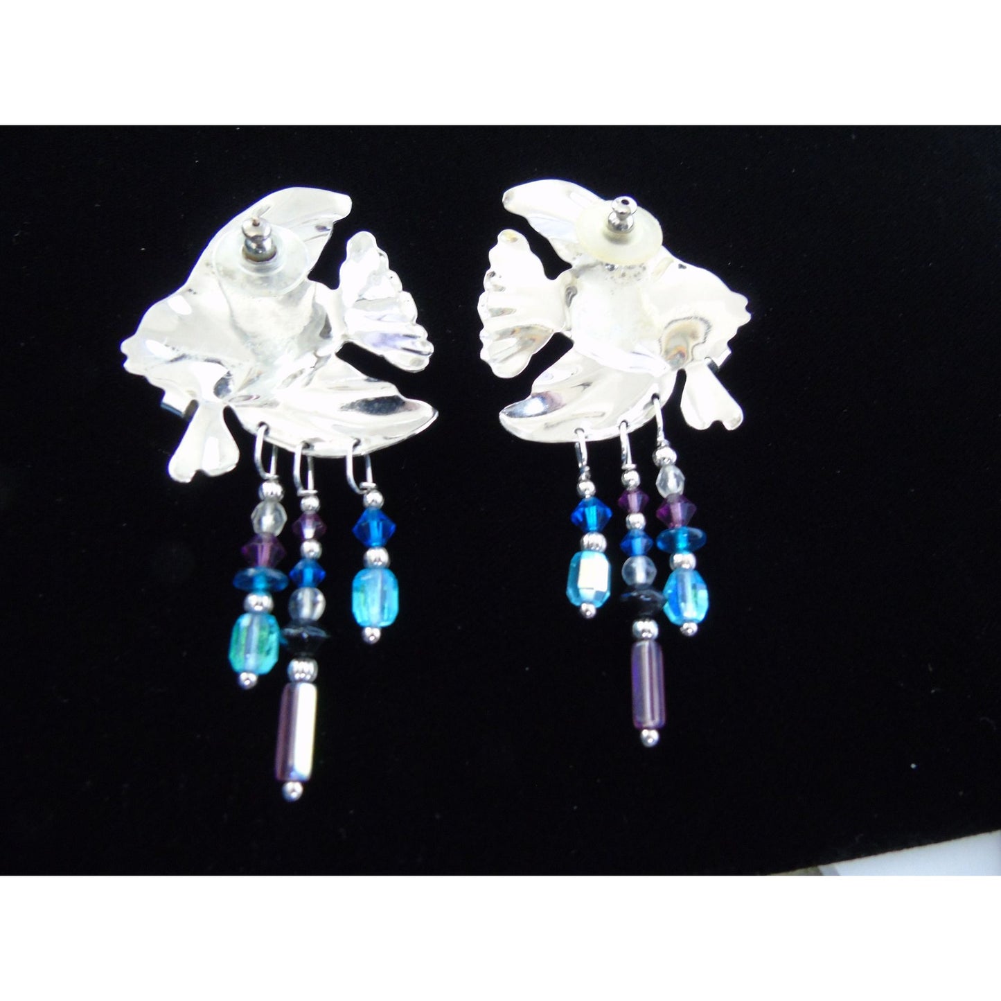 Lunch At The Ritz Fish Earrings Pierced Signed '87 LATR Glitter Enamel Rhinestones Beads