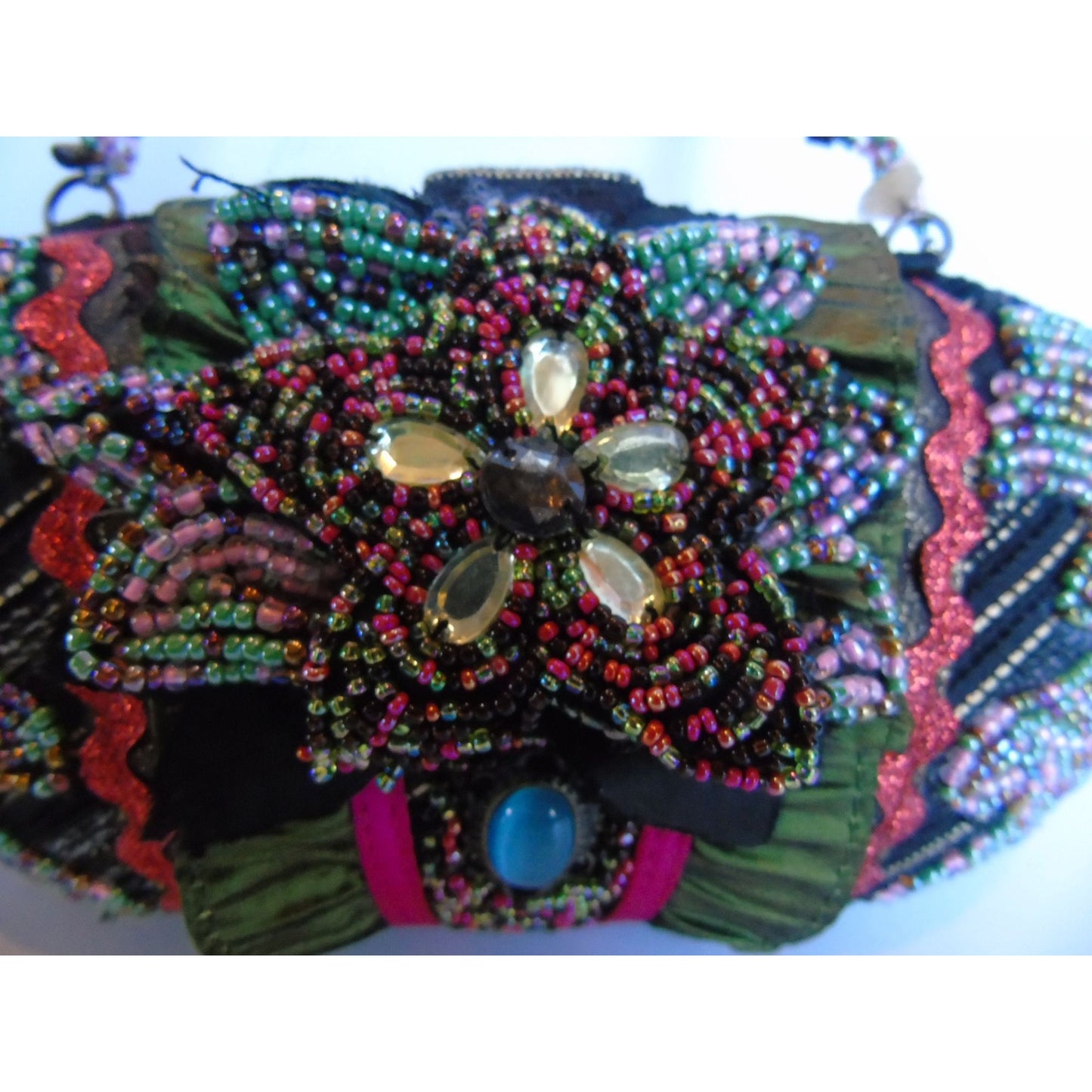 Pritzi Purse Bag Multi Colored Flower Hand Beaded Cloth Ruffled Blue Oval Stone NWOT