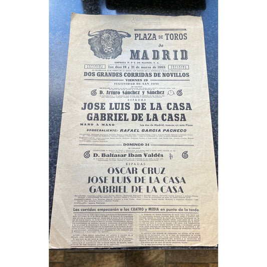 Vtg 1965 Original Poster Plaza de Toros Madrid Bullfight Gabriel De La Casa & Jose Luis De La Casa Brothers "Two Great Steer Runs"