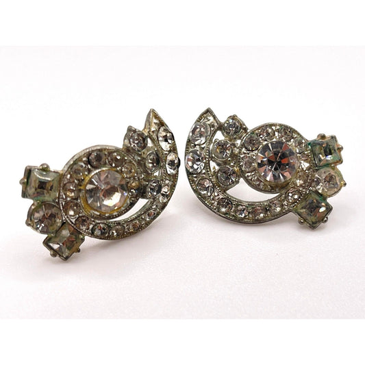 Vintage 1940's Silver With Unique Shape Rhinestone Earrings Screw Back Semi Circle Shape