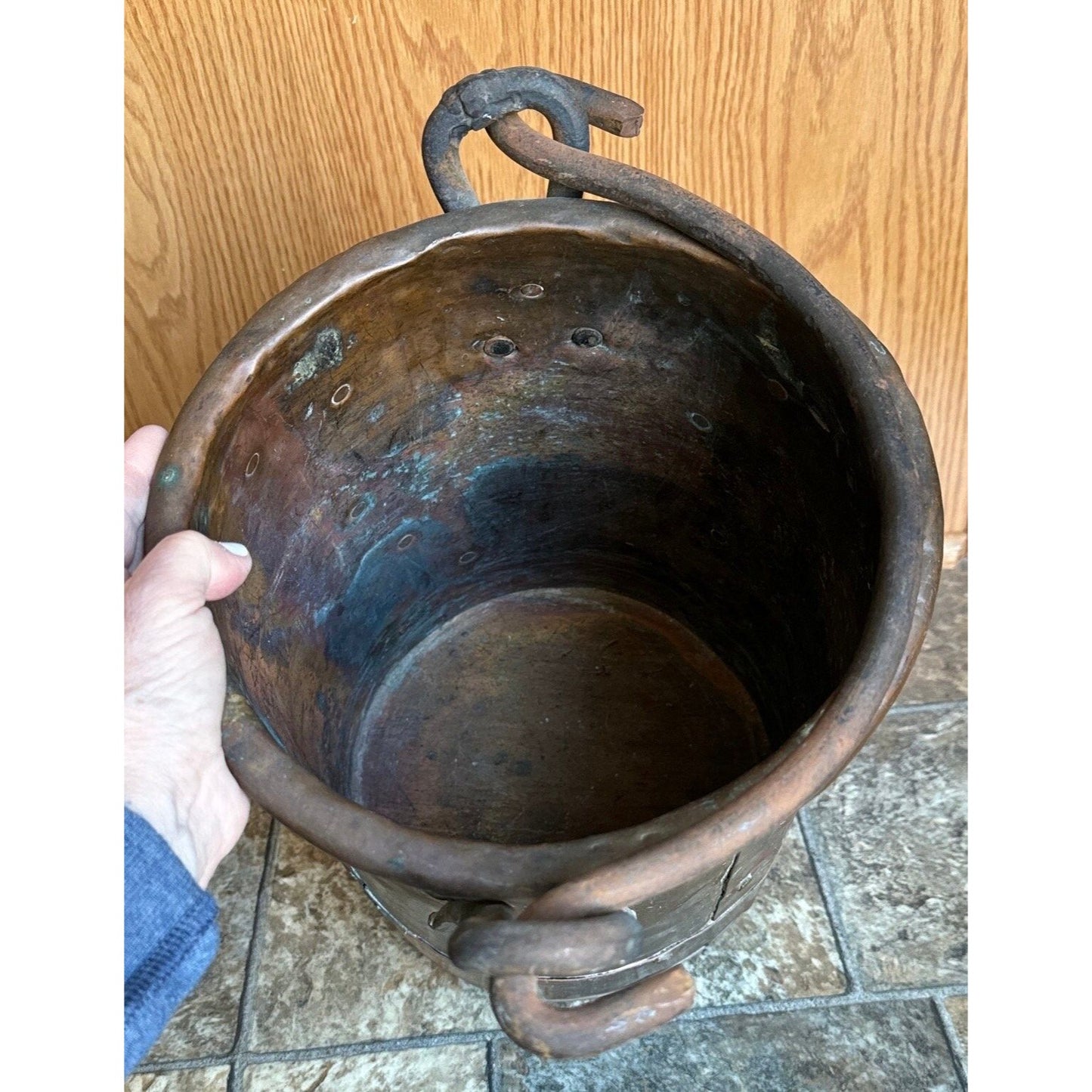 19th Century Copper Firewood Bucket Cauldron With Handle 11 1/4" Tall