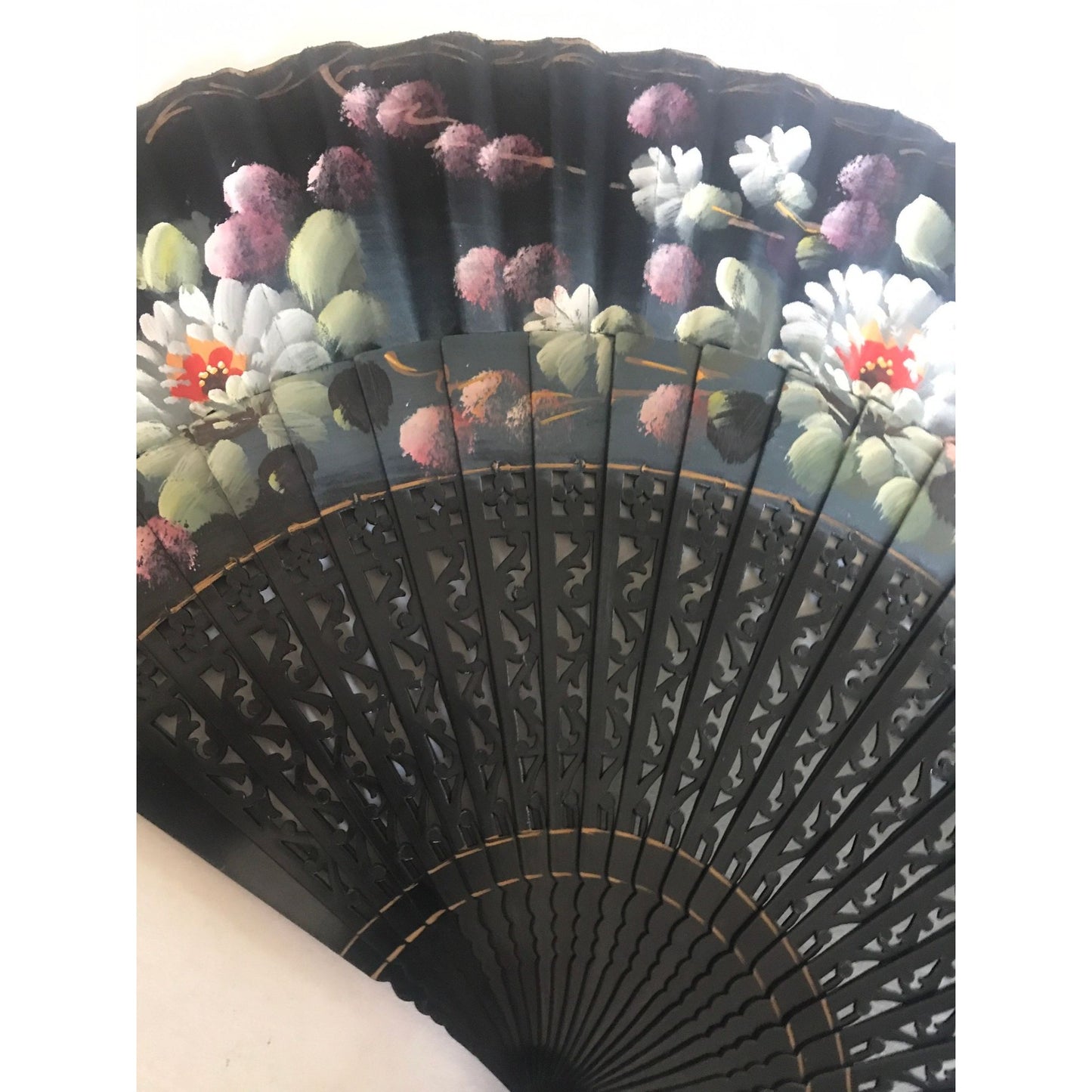 Vintage Hand Held Silk Paper Fan Signed By the Artist Black With Hand Painted Floral  In Oil Paint