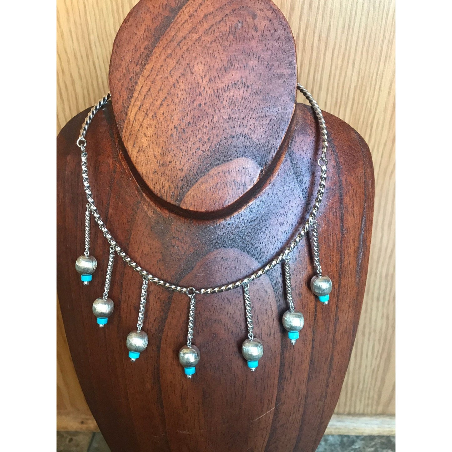 Vintage 1970's Sterling Silver Cable Necklace With Seven Dangle Tubes Turquoise Mexico