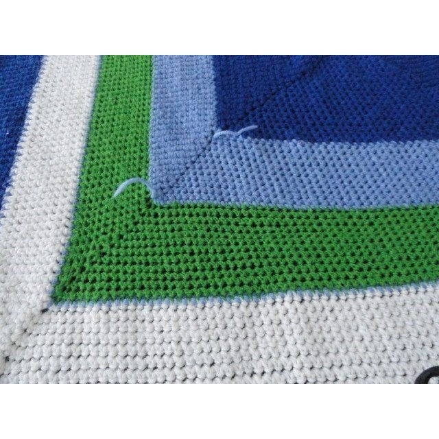 Vtg Very Large Handmade Crocheted Bedspread Afghan Blues Green White Square Pattern 116" x 102"