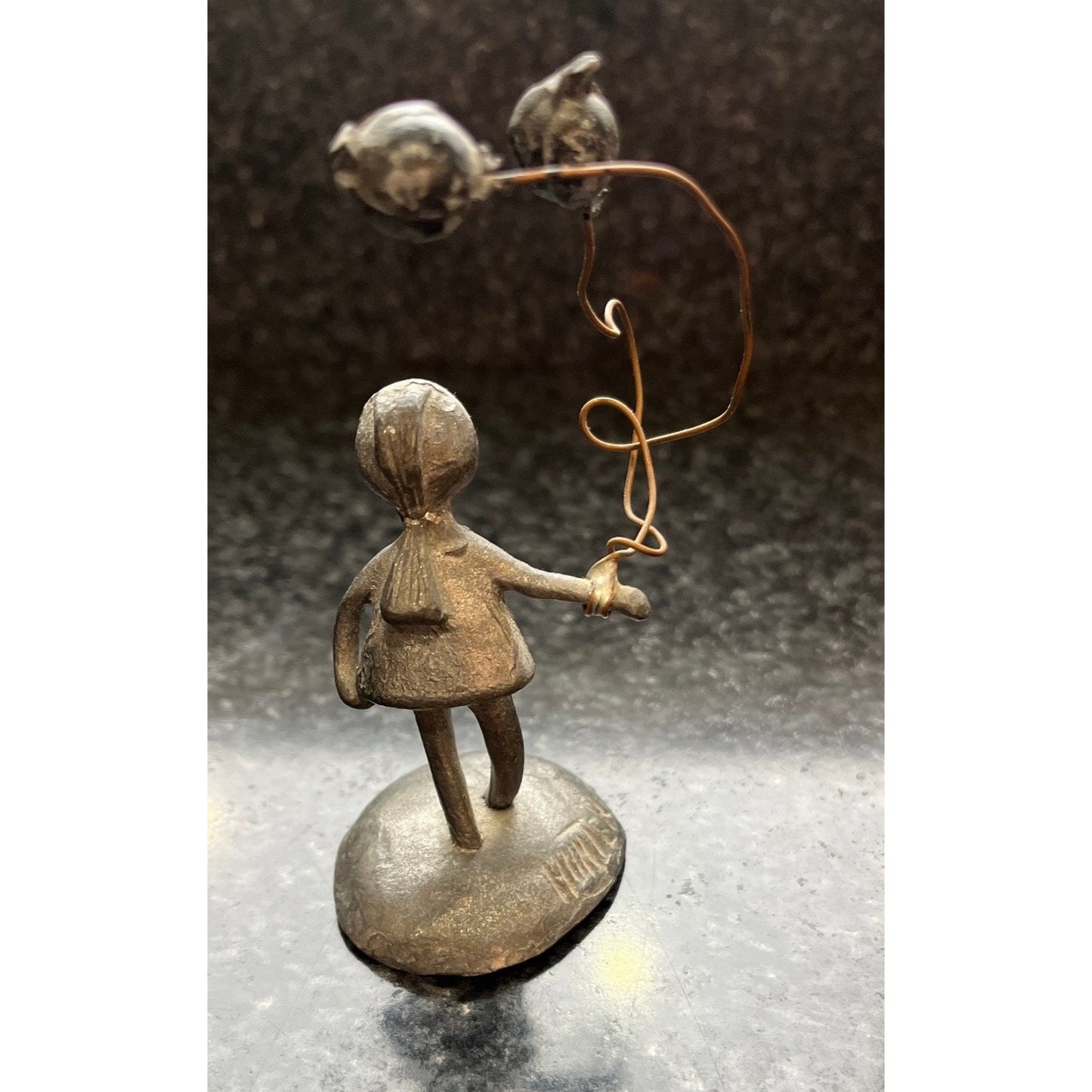 Vintage Pewter People By Hunter Sculpture Art Figurine Girl With Two Balloons 4"