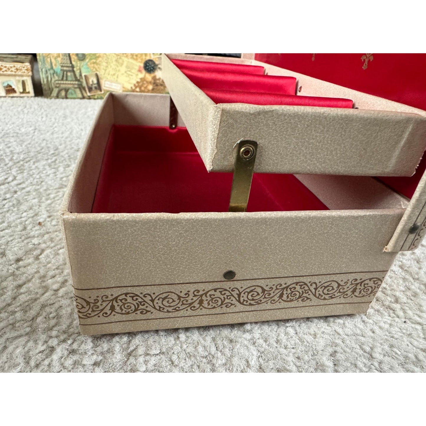 Vintage 1960's Beige And Red Jewelry Box Folds Up Two Sections Mid Century With Red Interior Gold Fleur de Lis