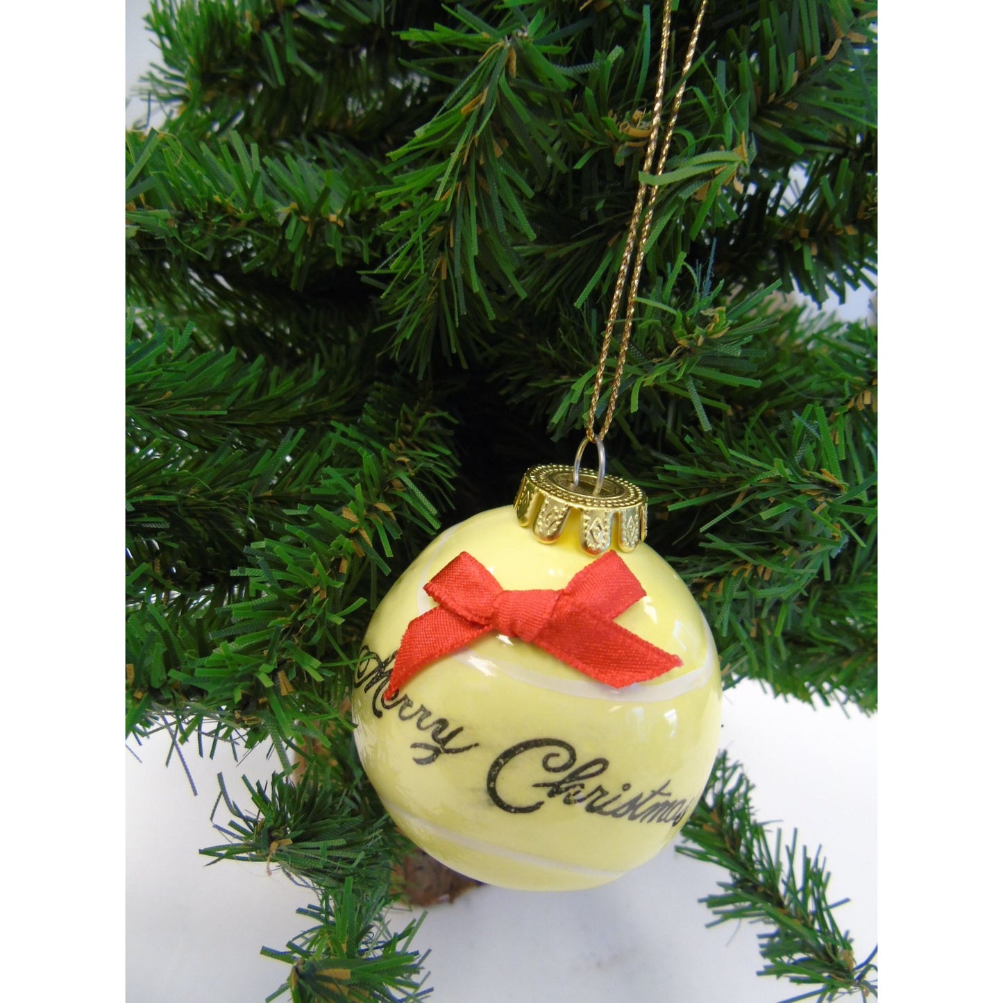 Vintage 1970's Glass Tennis Ball Christmas Ornament Merry Christmas With Red Bow