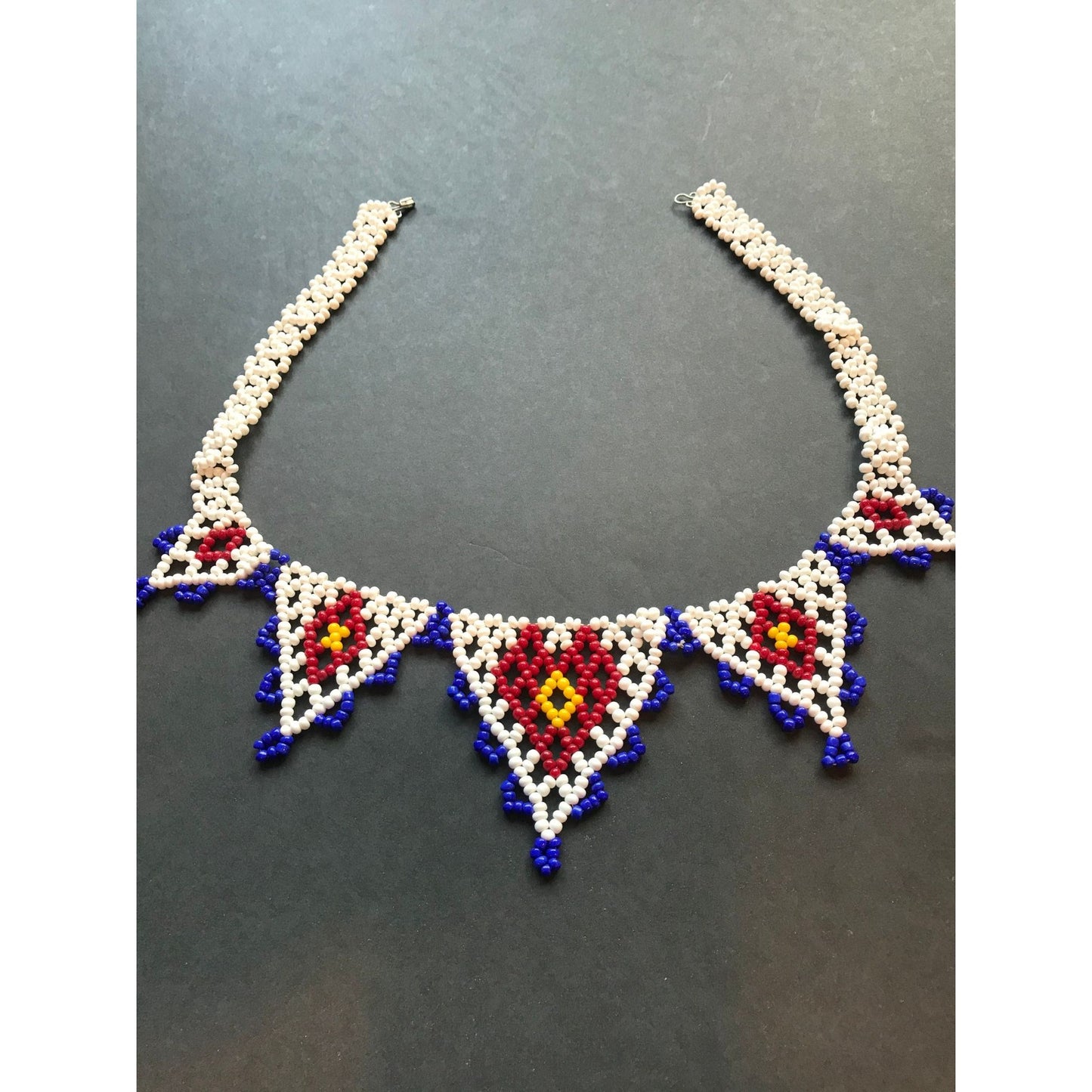 Vtg 1970's Hand Beaded Yoke Or Net Style Necklace 5 Beaded Triangles White Blue Red Yellow Pan Tribal