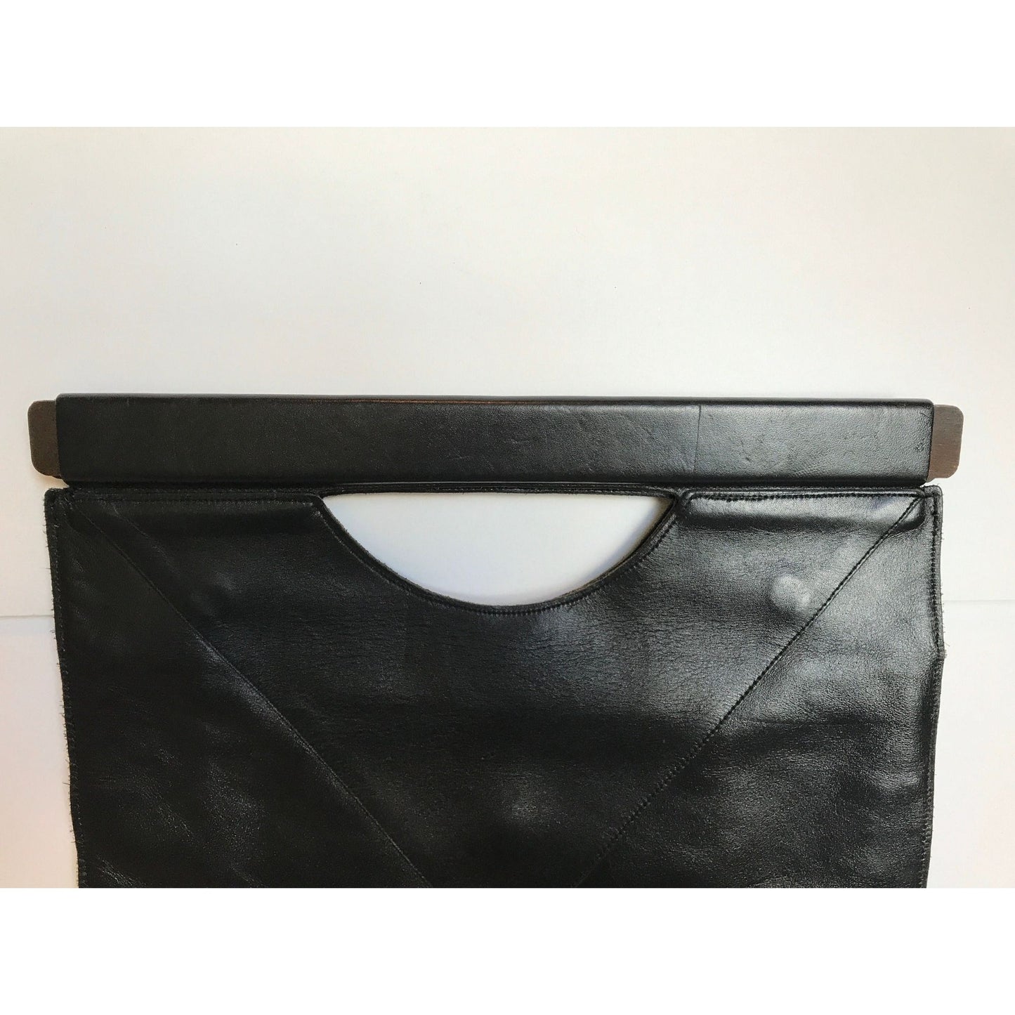 Vintage Black Leather Purse Rectangle Shape Wooden Handles 1970's Unique Construction