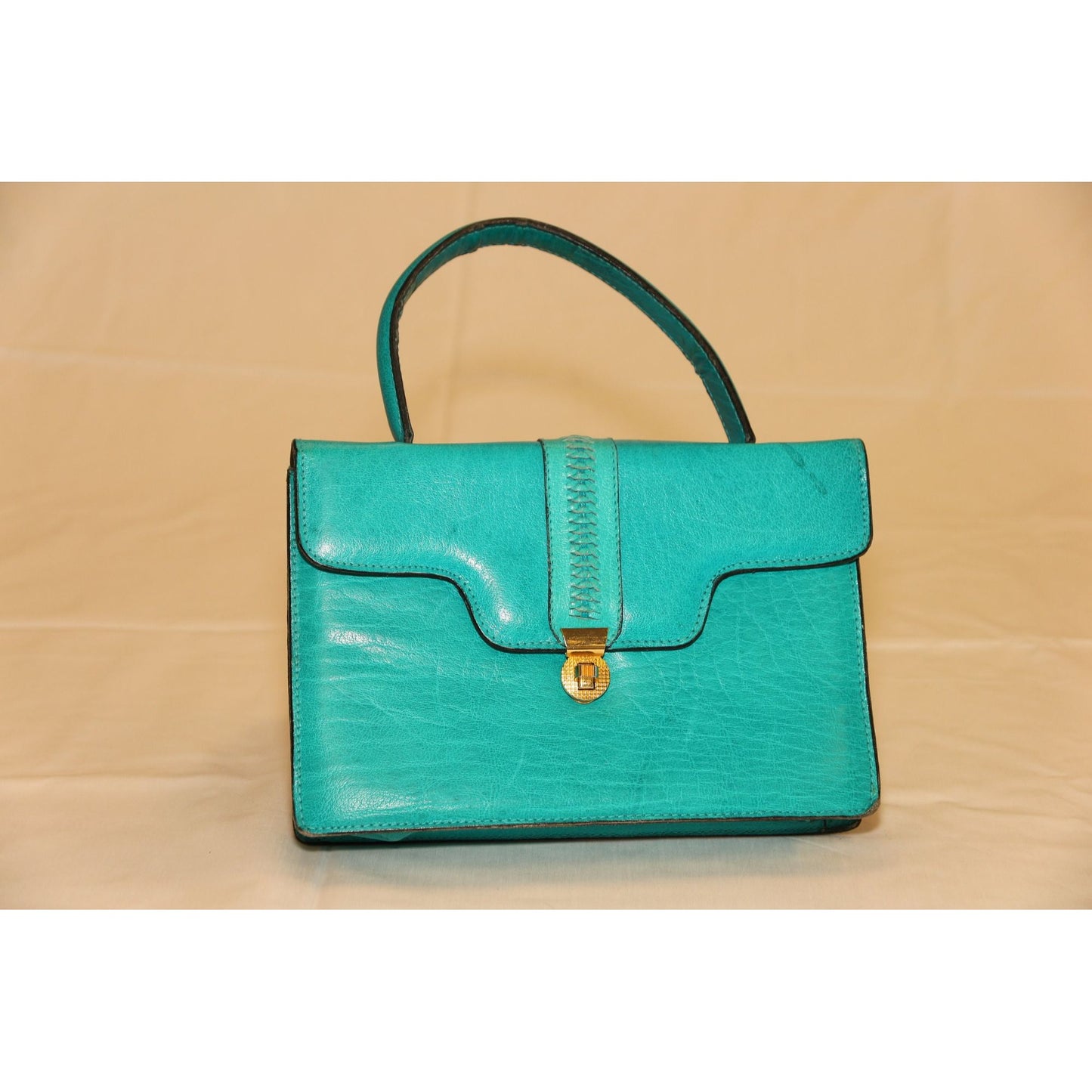 Vintage 1965 Italian Handbag Leather Turquoise Braided With Handle Gold Hardware