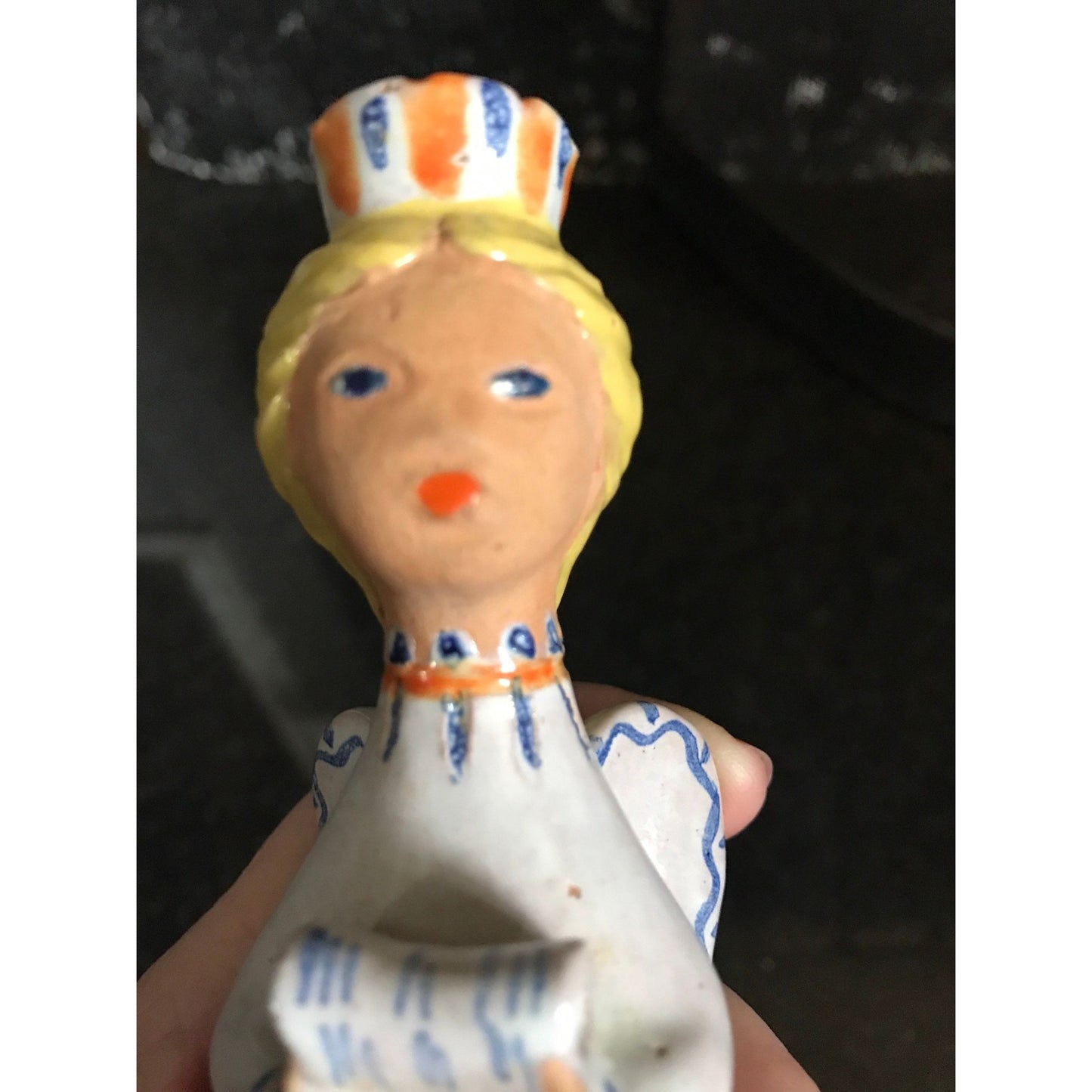 Vtg Hungarian Candle Holder Folkloric Ceramic Hand Painted Angel Miniature Taper Candle Signed By Artist