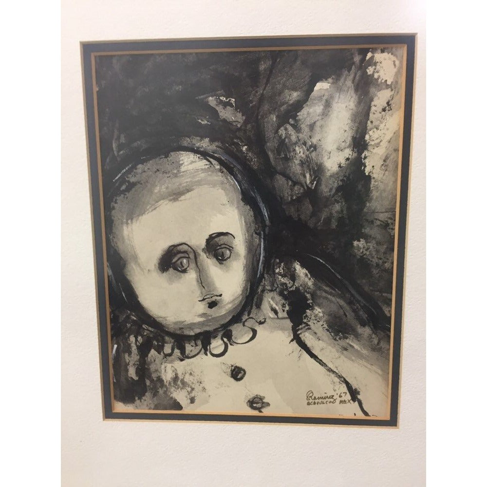 Abraham Ramirez Painting "Clown", India Ink On Paper Signed 1967 Acapulco Mex