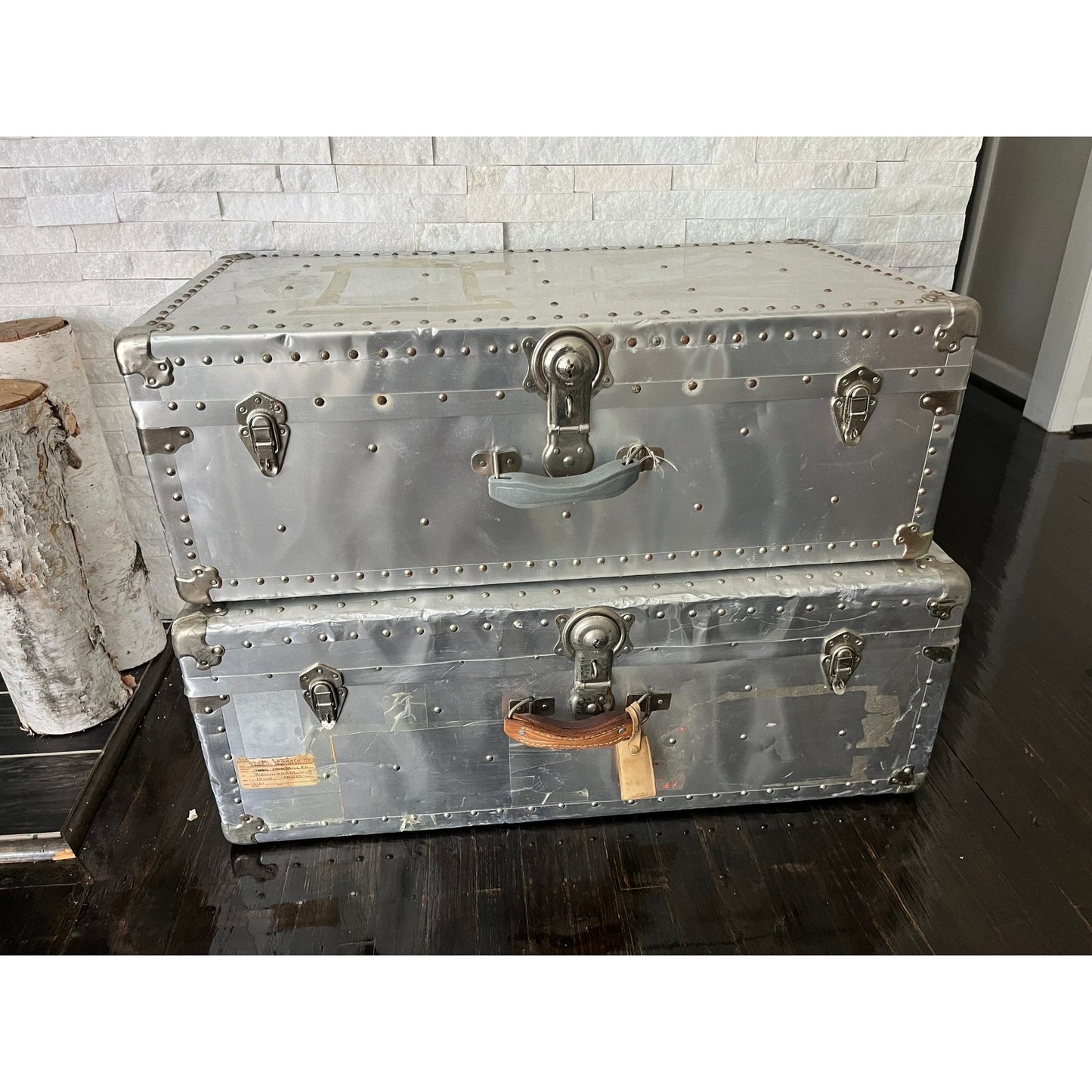 Vintage 1940's Polished Aluminum Steamer Trunk, 1940s Original Turquoise Fabric Lining