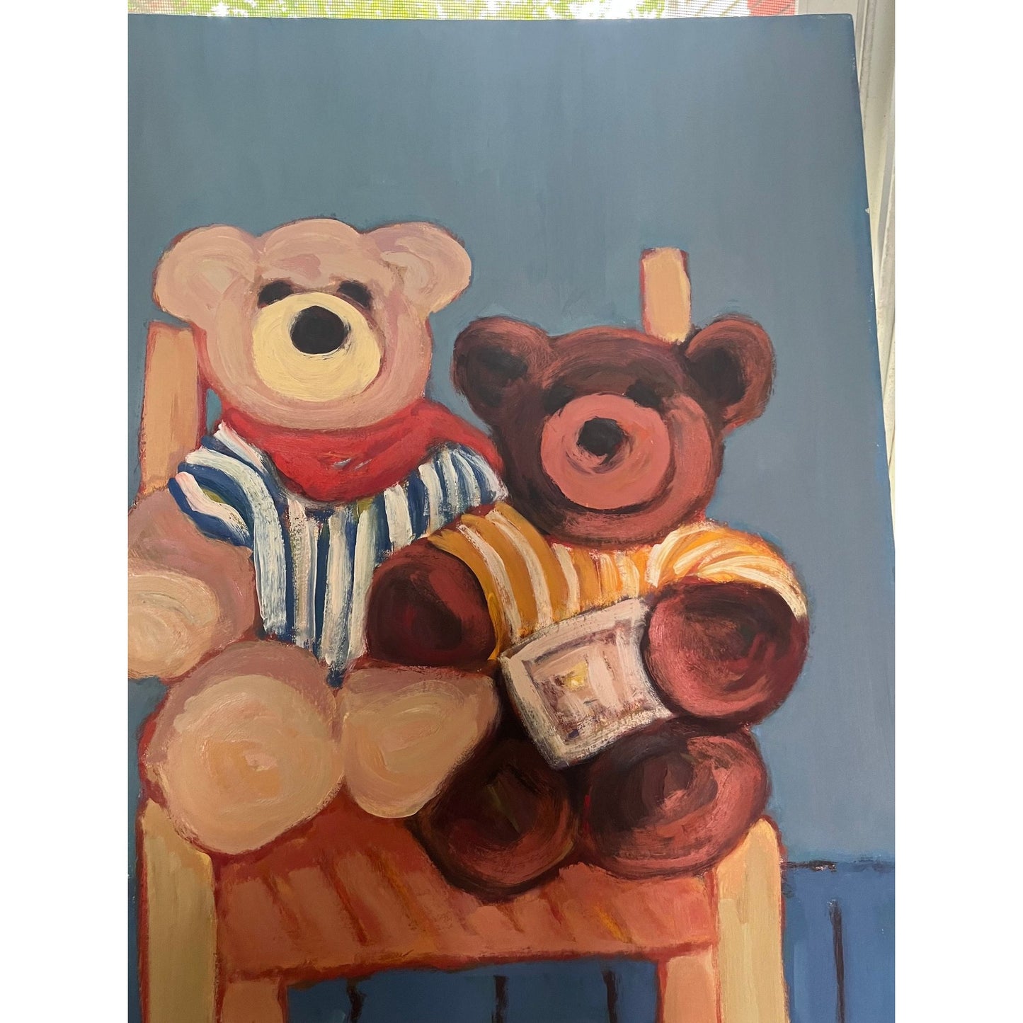 1986 Johanna Haas Oil Painting, "Two Teddy Bears Share A Chair", Signed Fine Art 28 1/2" x 21" One Of A Kind Blue Background