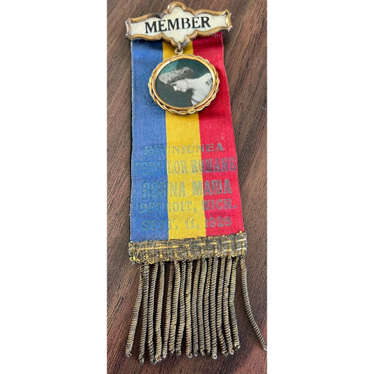 Antique Romanian Parade Ribbon Pin "Regna Maria" Photo Sept. 11, 1926 Detroit, Mich. Blue Yellow Red Queen Maria