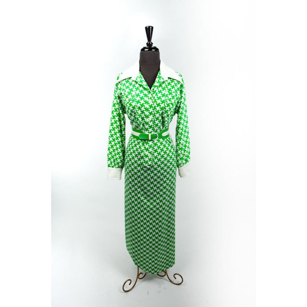 Vtg Maxi Dress Women’s Saks Fifth Avenue Green & White Abstract Pattern 2 Tone Leather Belt Size 14