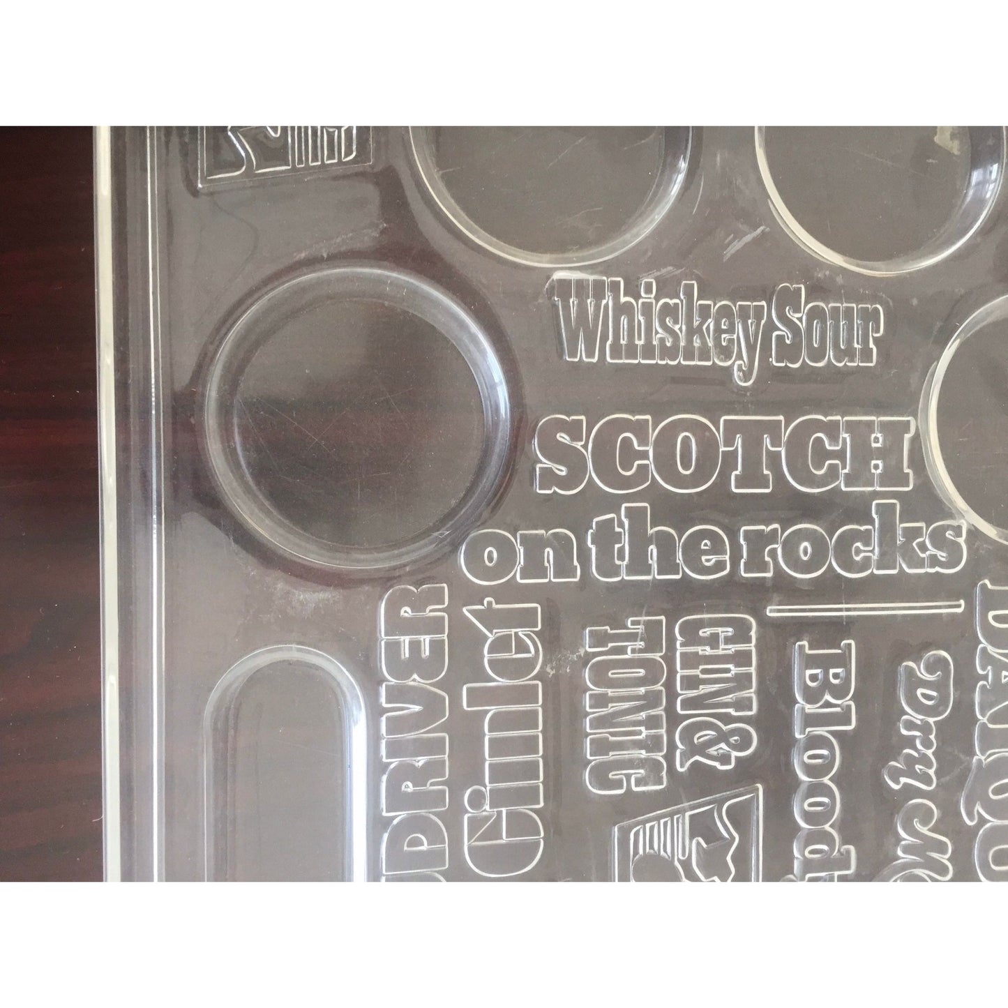 Vintage Mid Century Lucite Liquor Bar Drinks Serving Tray Embossed With Drink Names